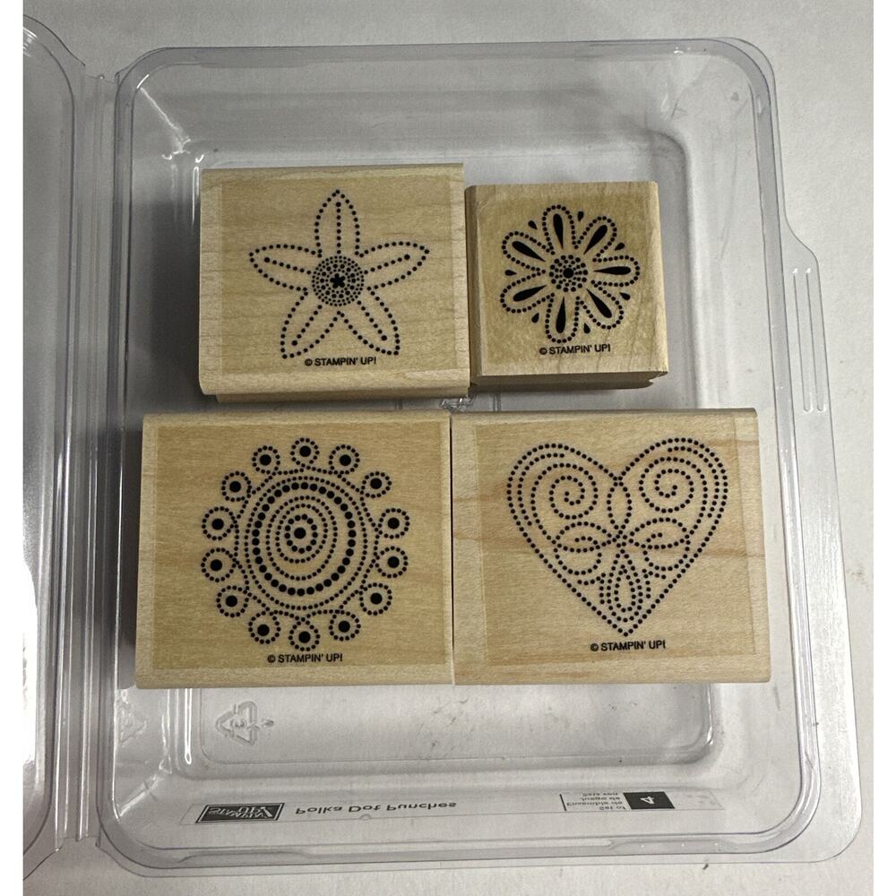 Stampin' Up Polka Dot Punches Wood Stamp Set of 4 Heart‎ Flowers Floral